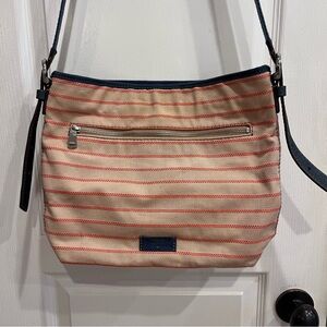 Fossil Tan Red Blue Striped Canvas Crossbody Purse Bag Travel